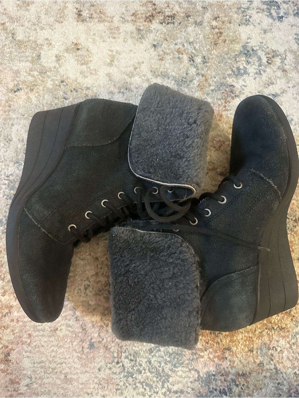 UGG Black Suede Wedge Lace-Up Boots Size 8